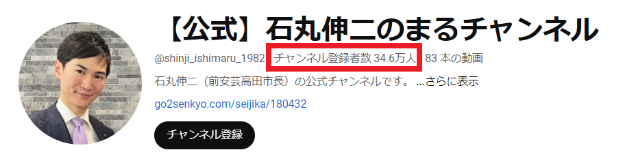 石丸伸二のYouTubeチャンネルの登録者数